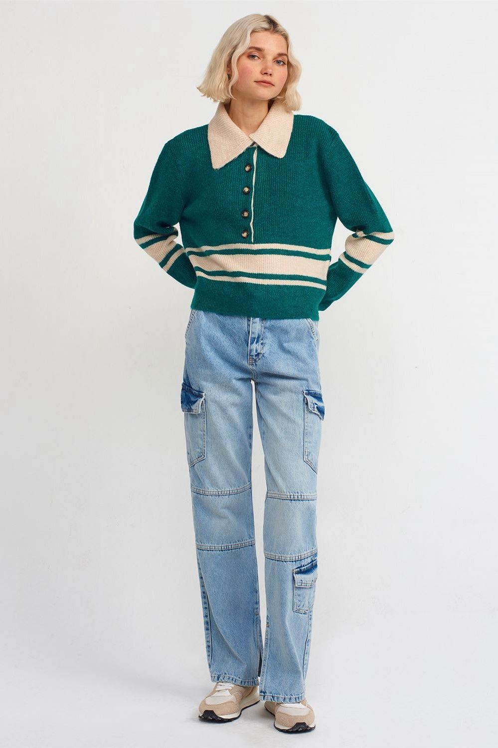 Button Up Neck Green Sweater