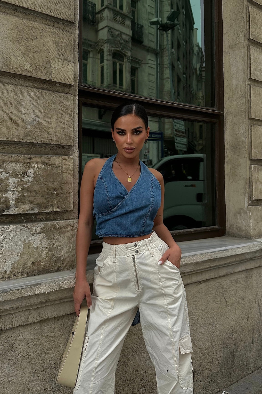 Open Tie Back Denim Top