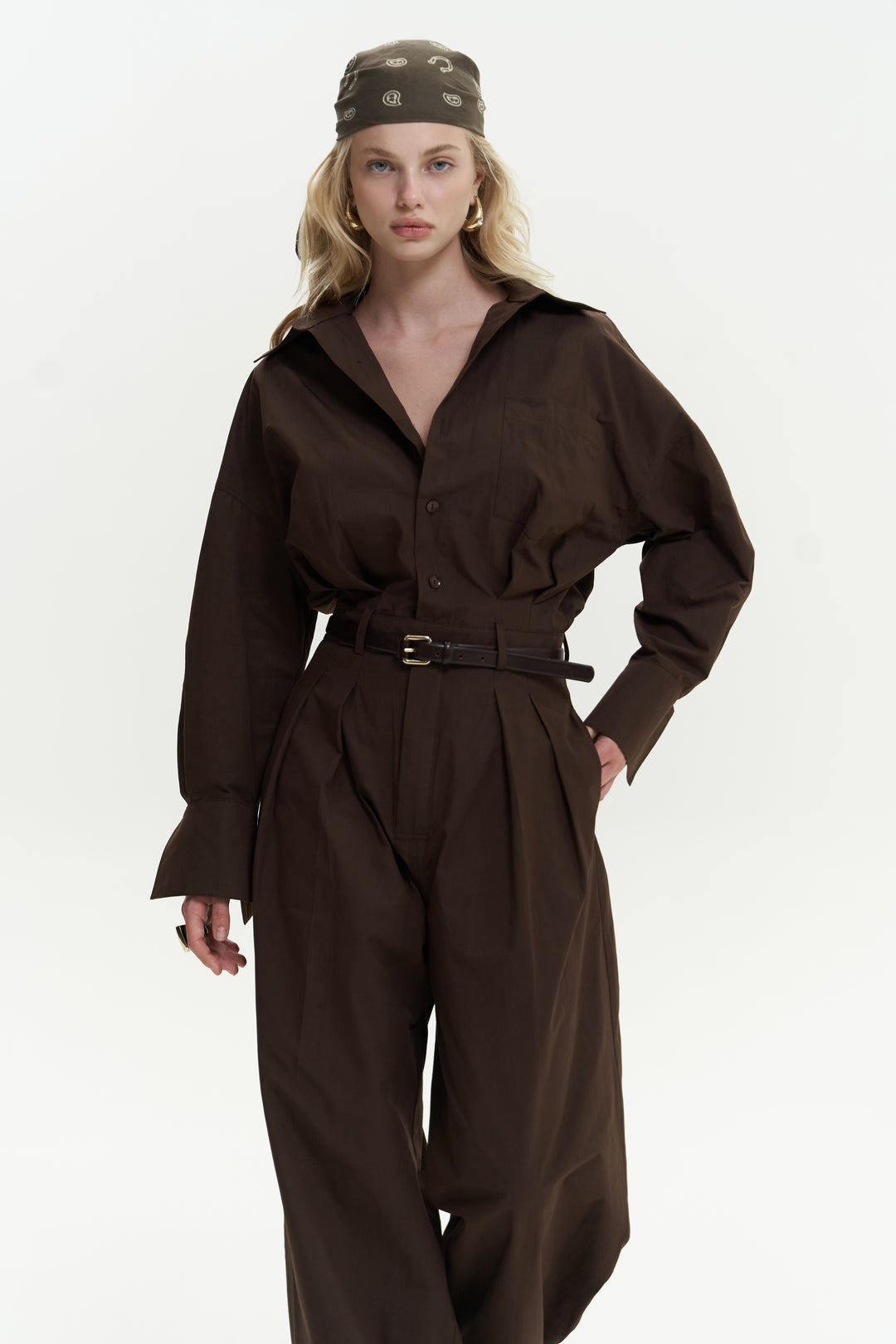 Button Detailed Utility Jumpsuit Brown