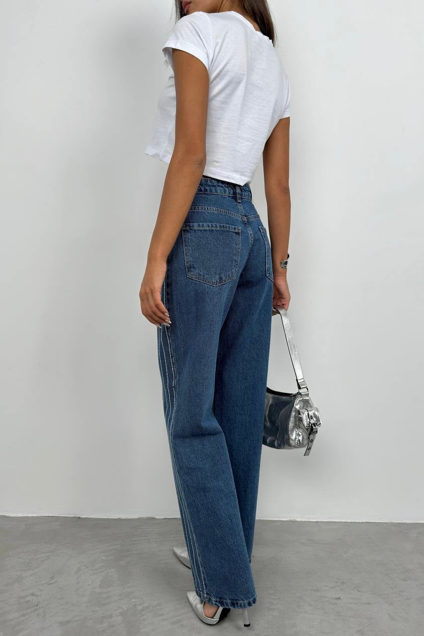 Rhinestone Striped Straight Jeans