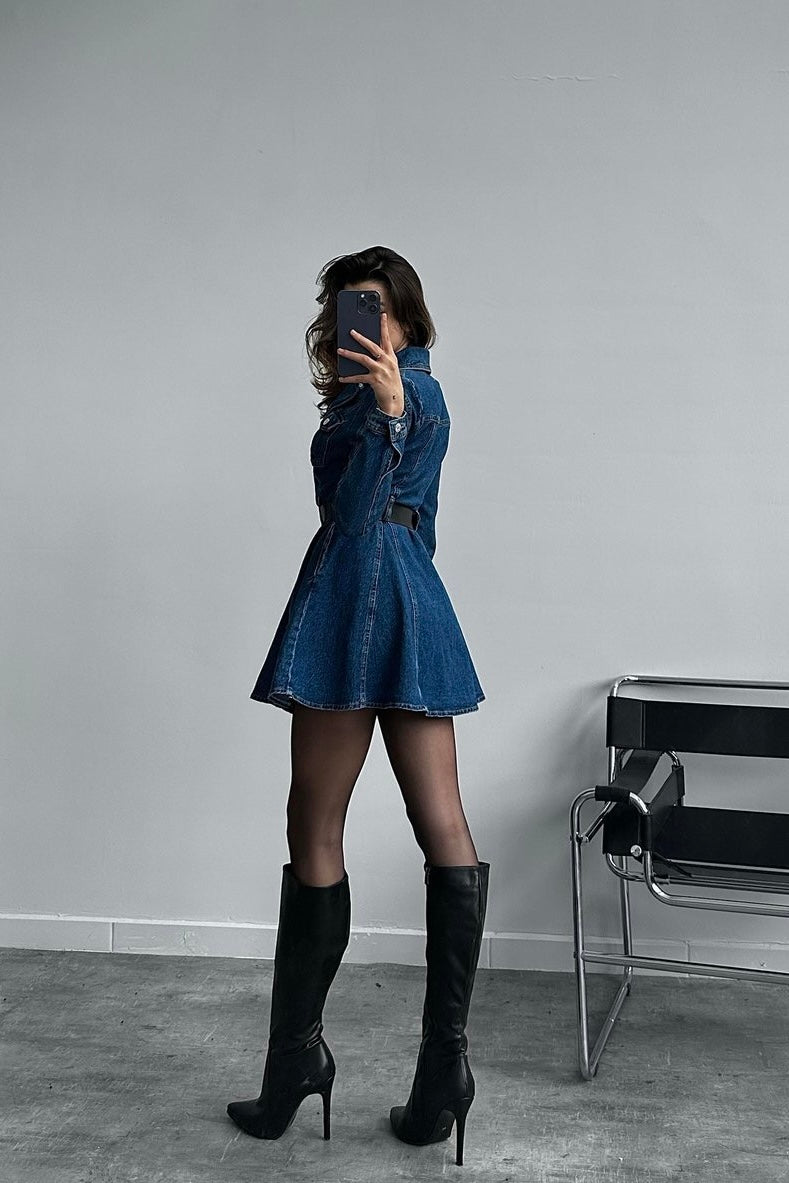 Pleated Long Sleeve Denim Dress