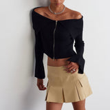 Off-Shoulder Zip-Up Ribbed Top