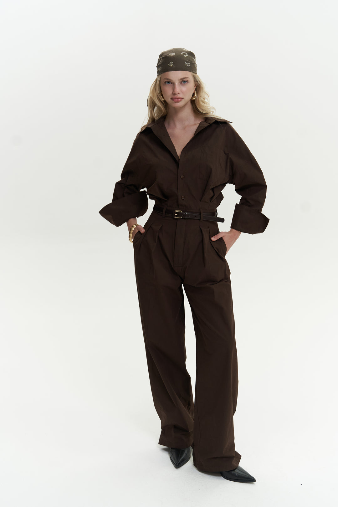 Button Detailed Utility Jumpsuit Brown