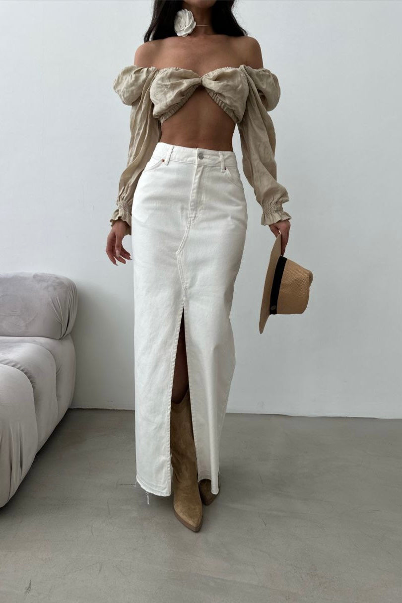 Long Slit Beige Jean Skirt