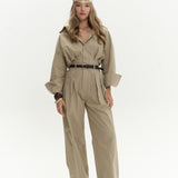 Button Detailed Utility Jumpsuit Beige