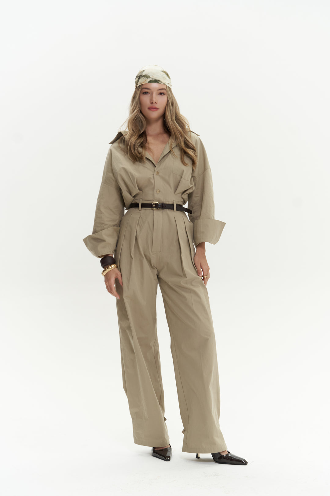 Button Detailed Utility Jumpsuit Beige