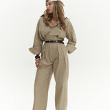 Button Detailed Utility Jumpsuit Beige