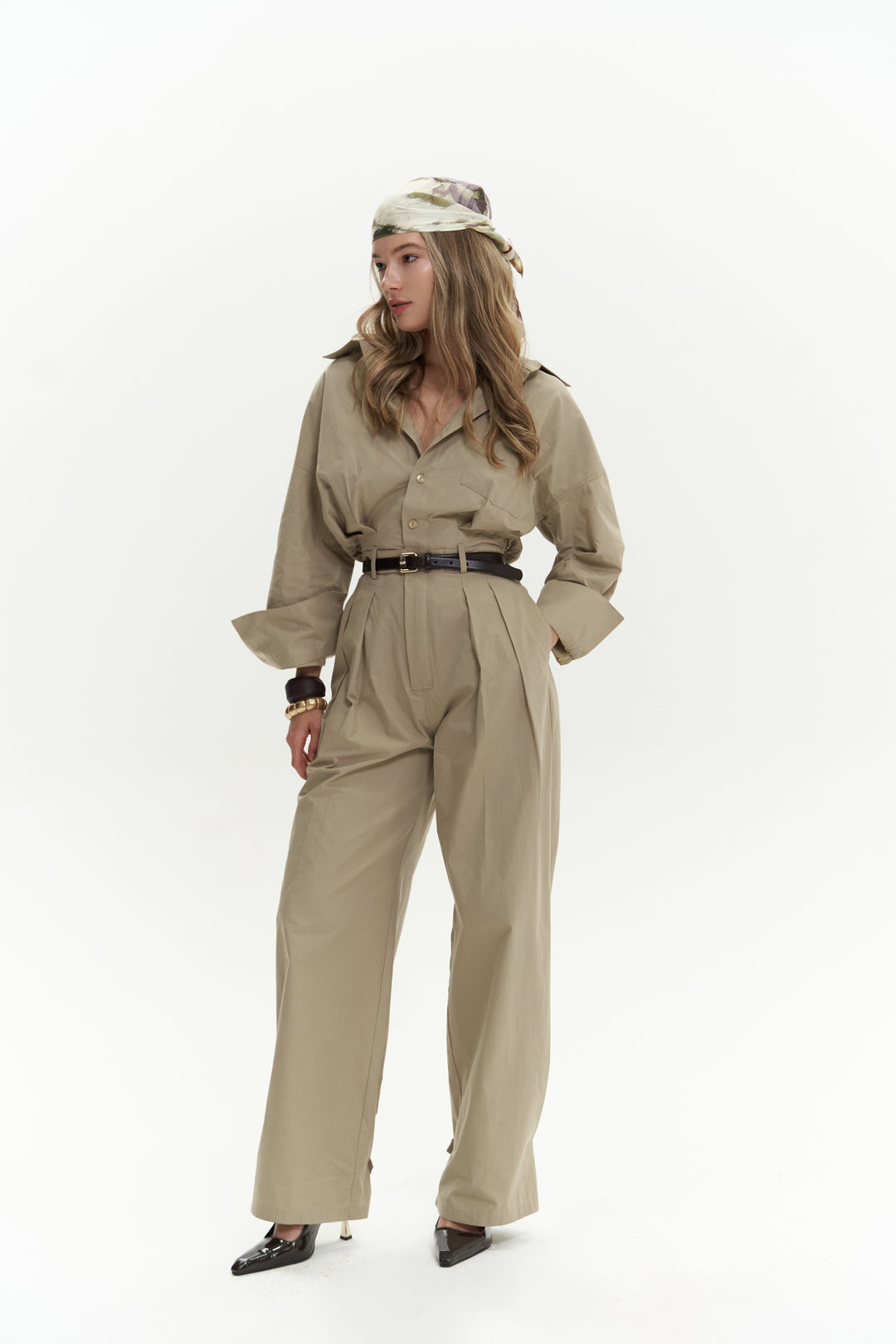 Button Detailed Utility Jumpsuit Beige