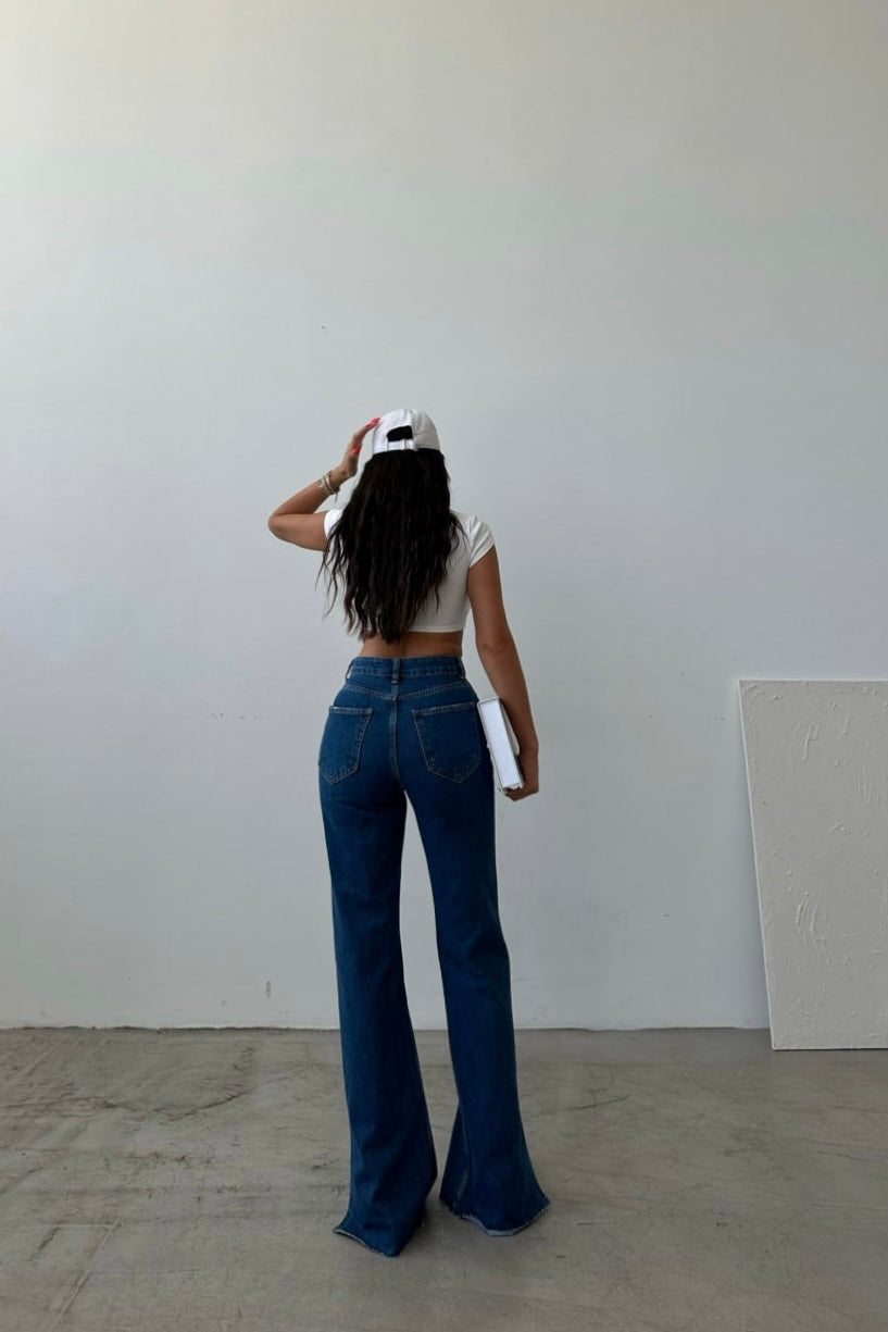 Wide Side Split Jeans Dark Blue