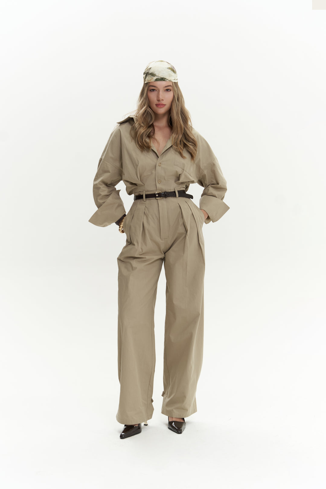 Button Detailed Utility Jumpsuit Beige