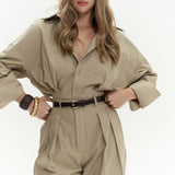 Button Detailed Utility Jumpsuit Beige