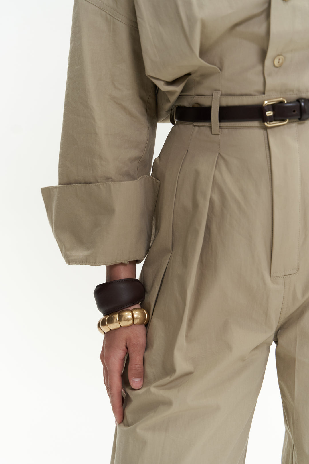 Button Detailed Utility Jumpsuit Beige