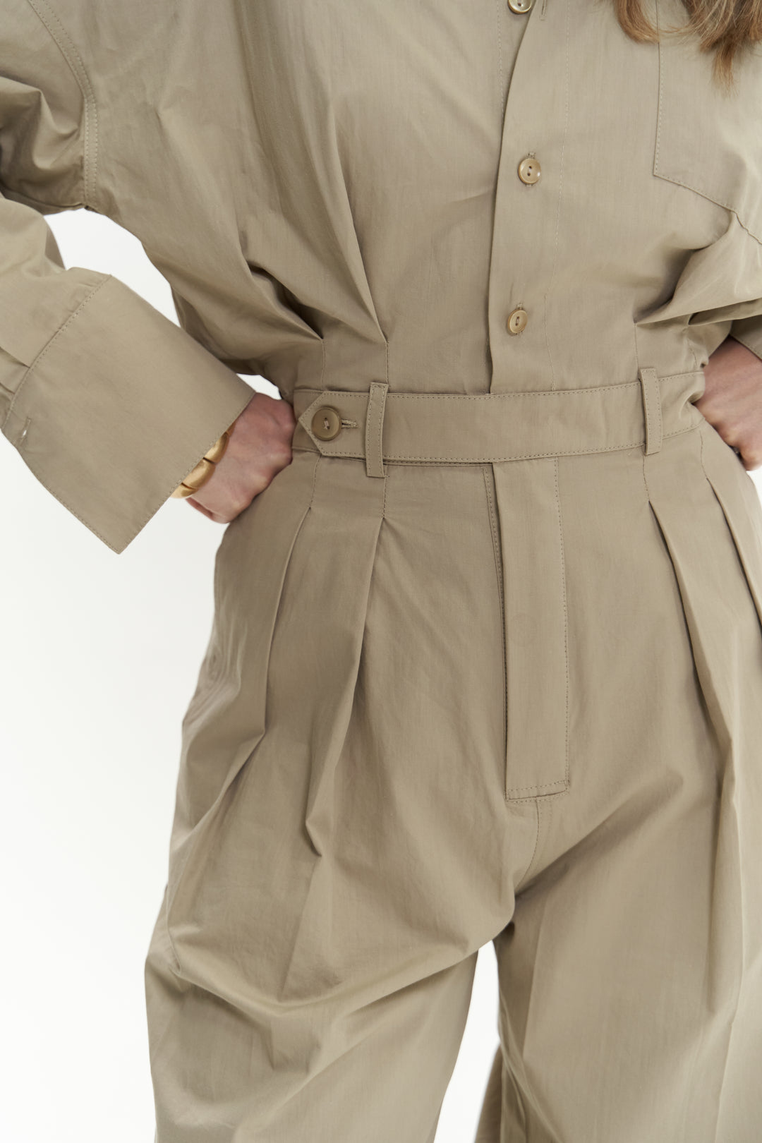 Button Detailed Utility Jumpsuit Beige