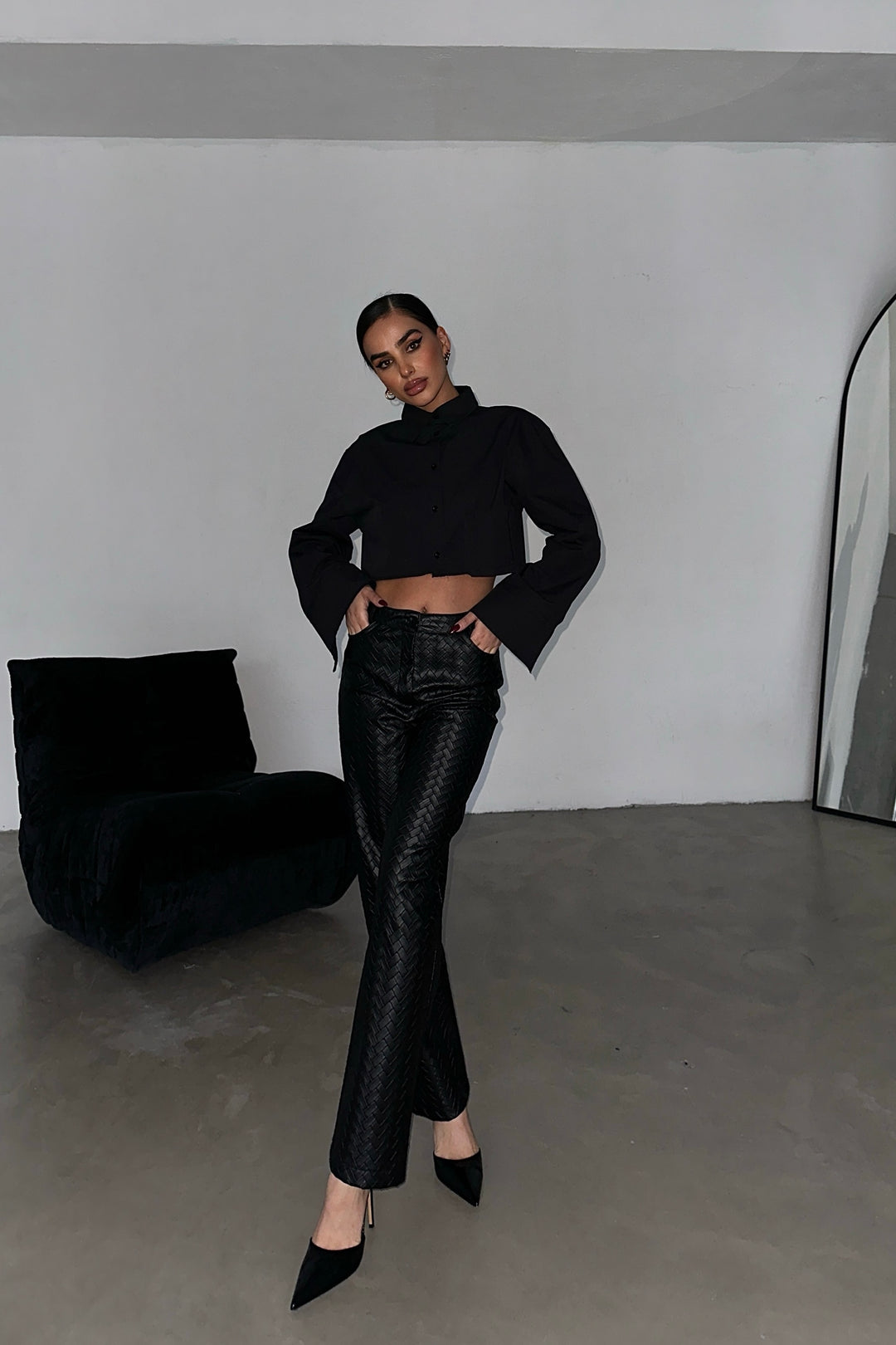 Herringbone Faux Leather Pants
