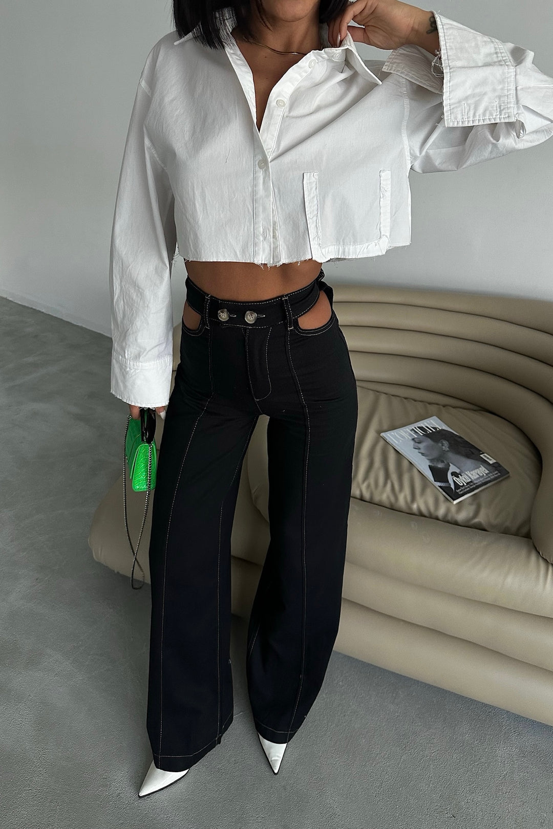 Cutout Waist Black Flare Pants
