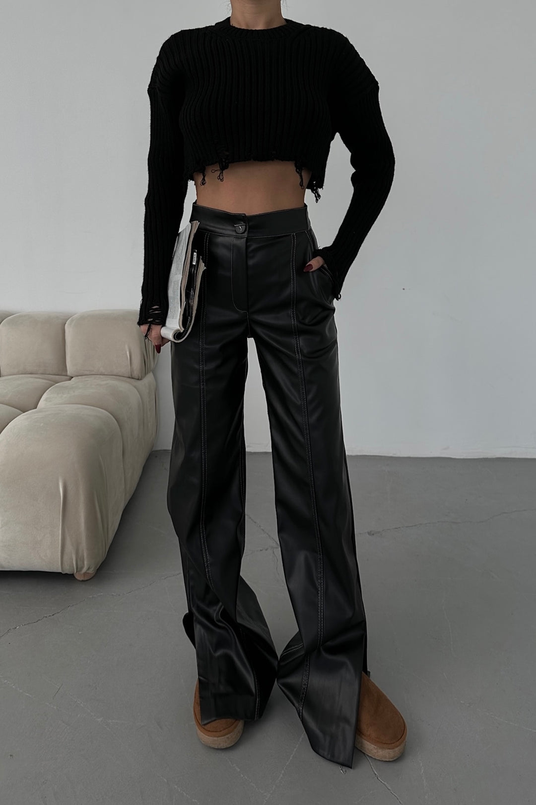 Black Faux Leather Pants with White Stitch