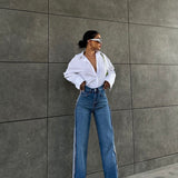 White Stitch Stripe Design Flared Jeans