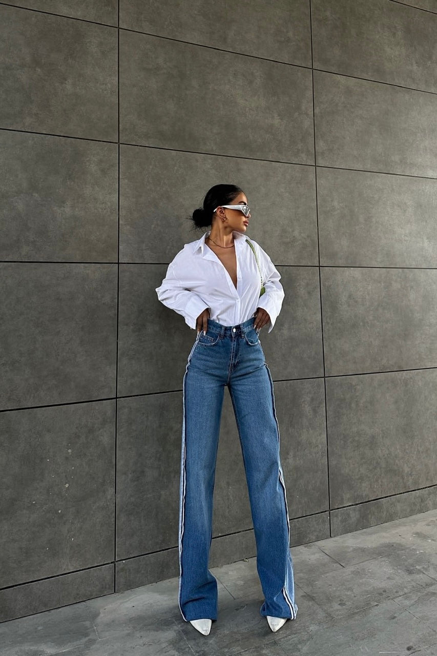White Stitch Stripe Design Flared Jeans