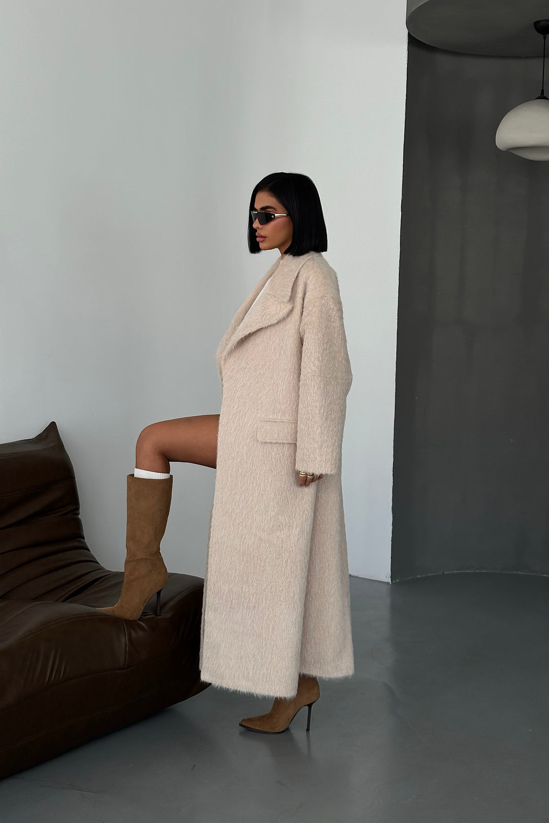 Textured Wool Blend Wrap Coat Beige