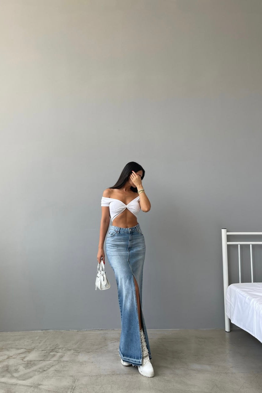 Long Slit Blue Jean Skirt
