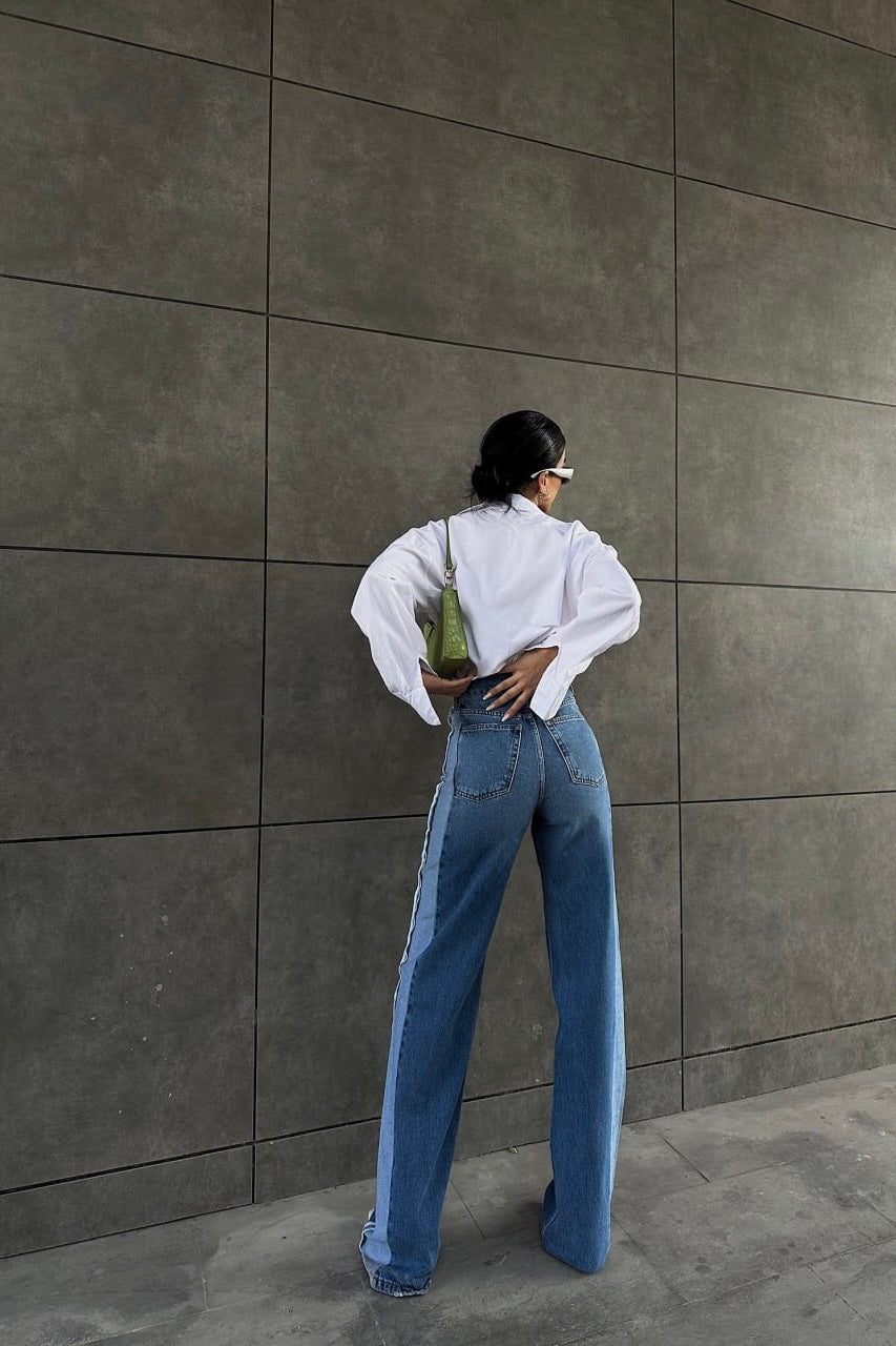White Stitch Stripe Design Flared Jeans