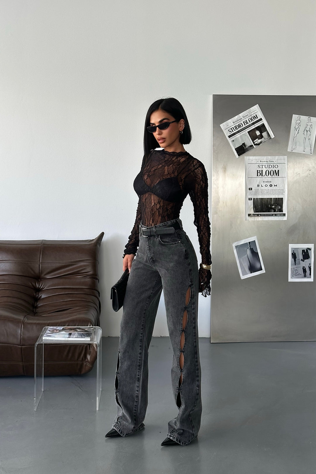 Charcoal Cut-Out High Rise Jeans