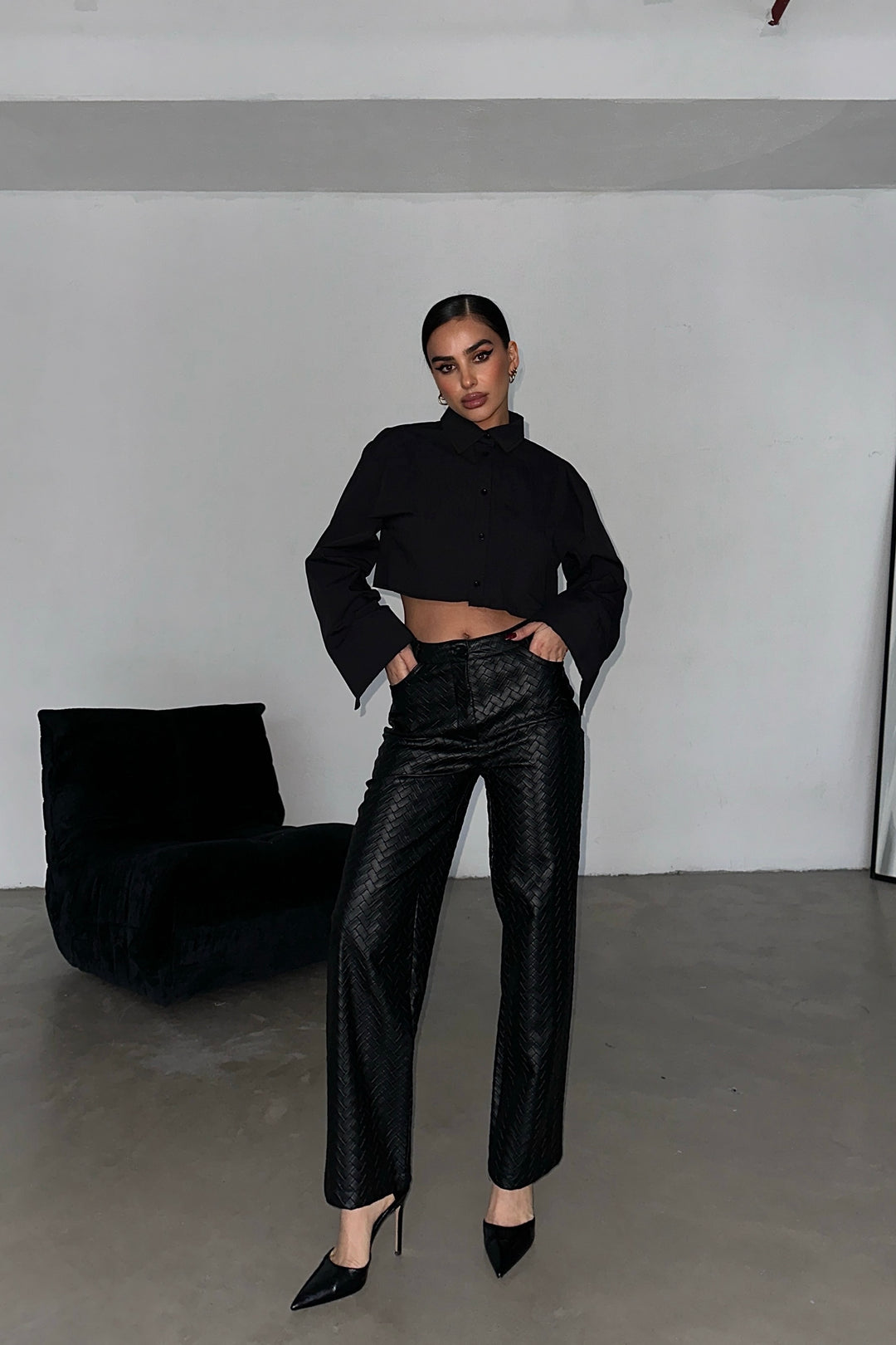 Herringbone Faux Leather Pants