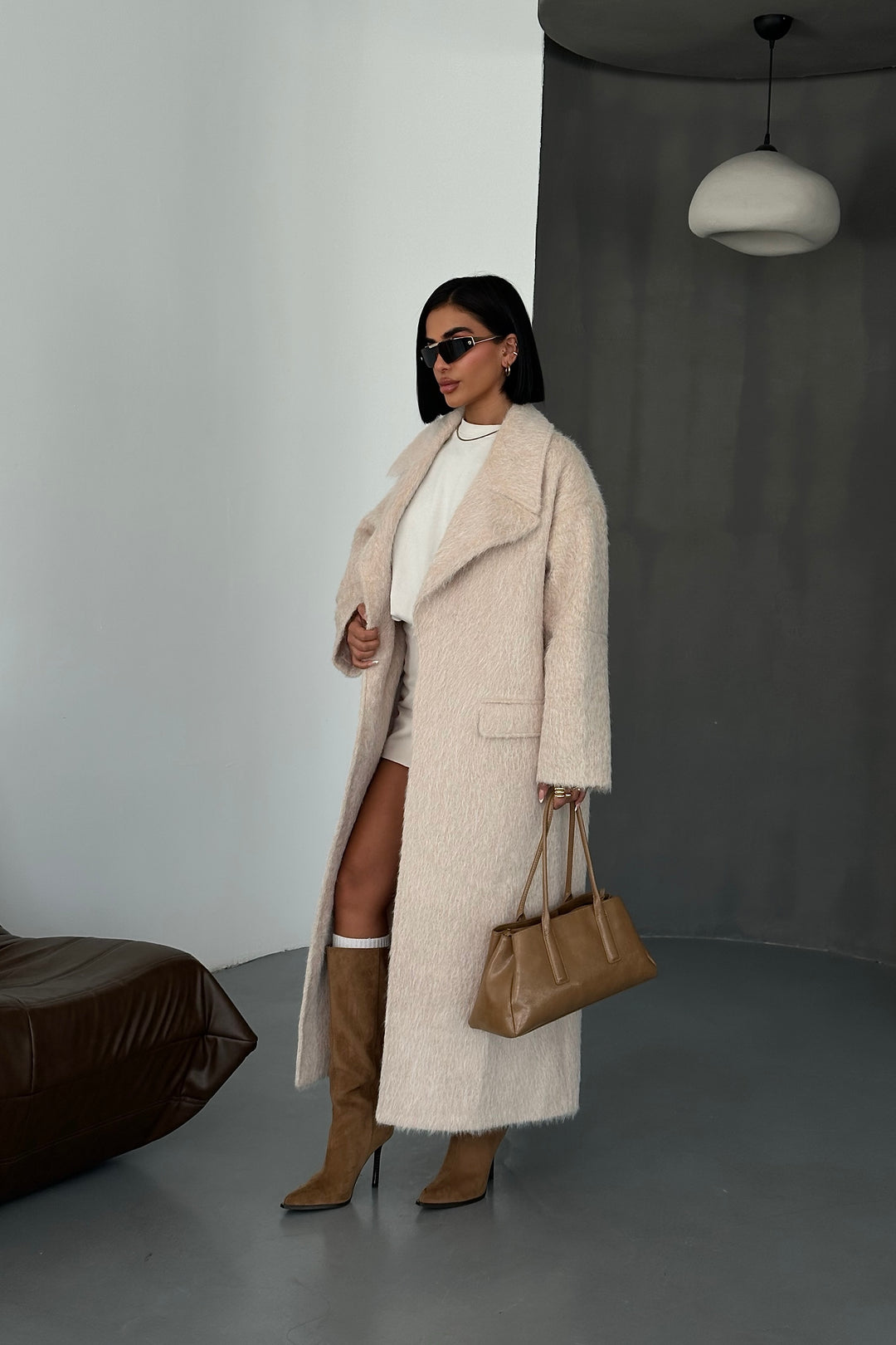 Textured Wool Blend Wrap Coat Beige