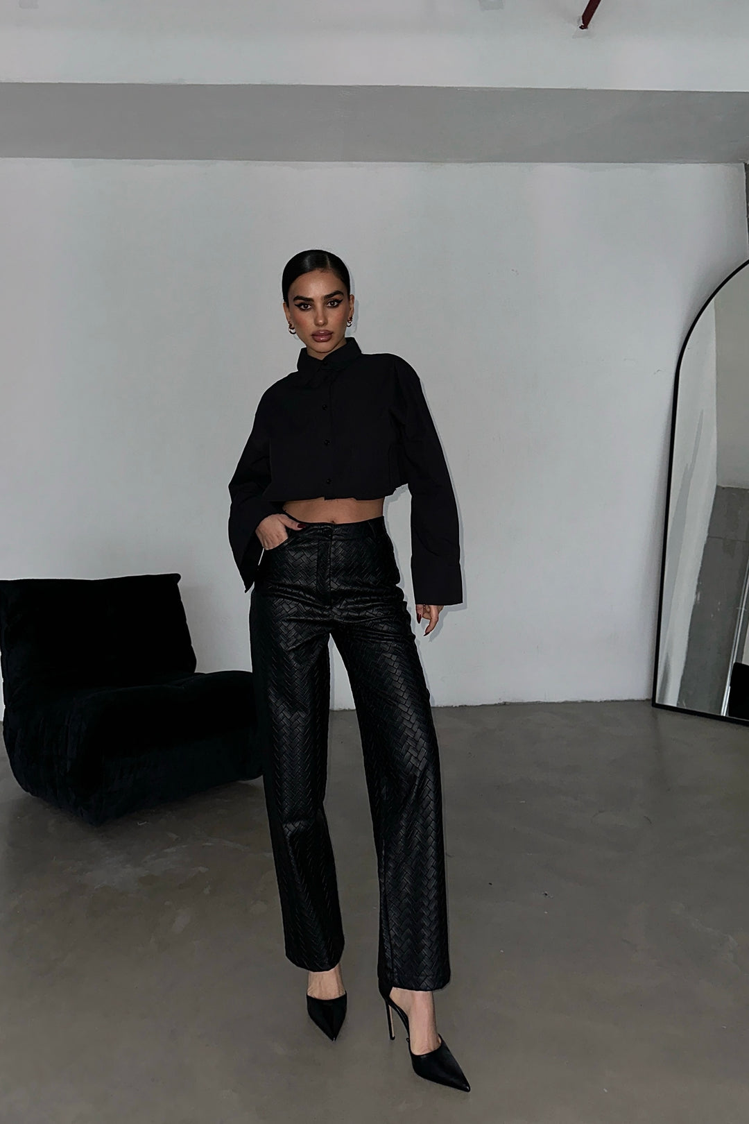 Herringbone Faux Leather Pants