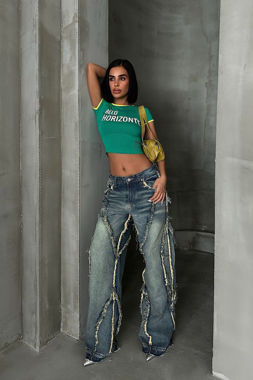 Tassel Wide-Leg Jeans Green Wash
