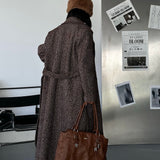 Brown Herringbone Wool Belted Coat