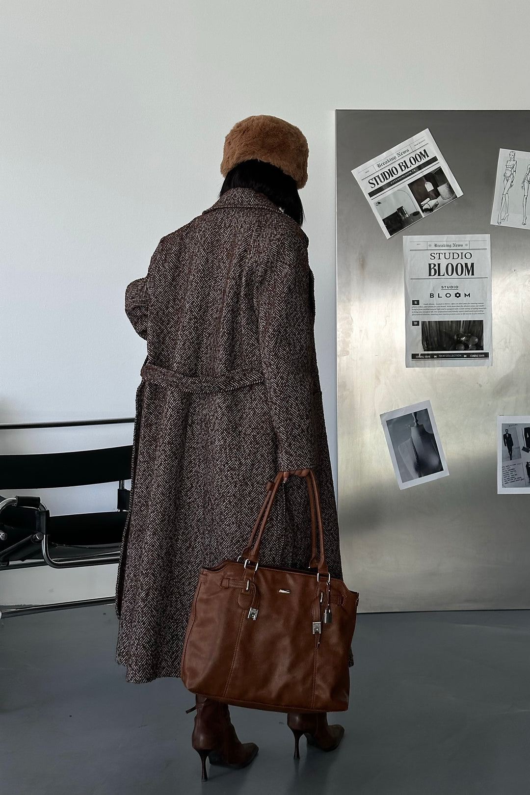 Brown Herringbone Wool Belted Coat