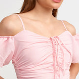 Puff Sleeve Drawstring Crop Top