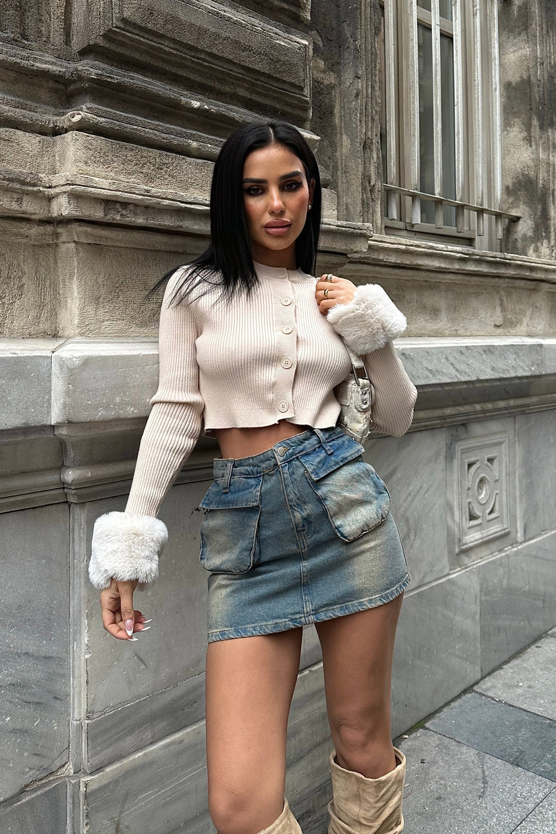 Fur Sleeve Hem Button Up Cardigan