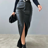 Split Faux Leather Long Skirt