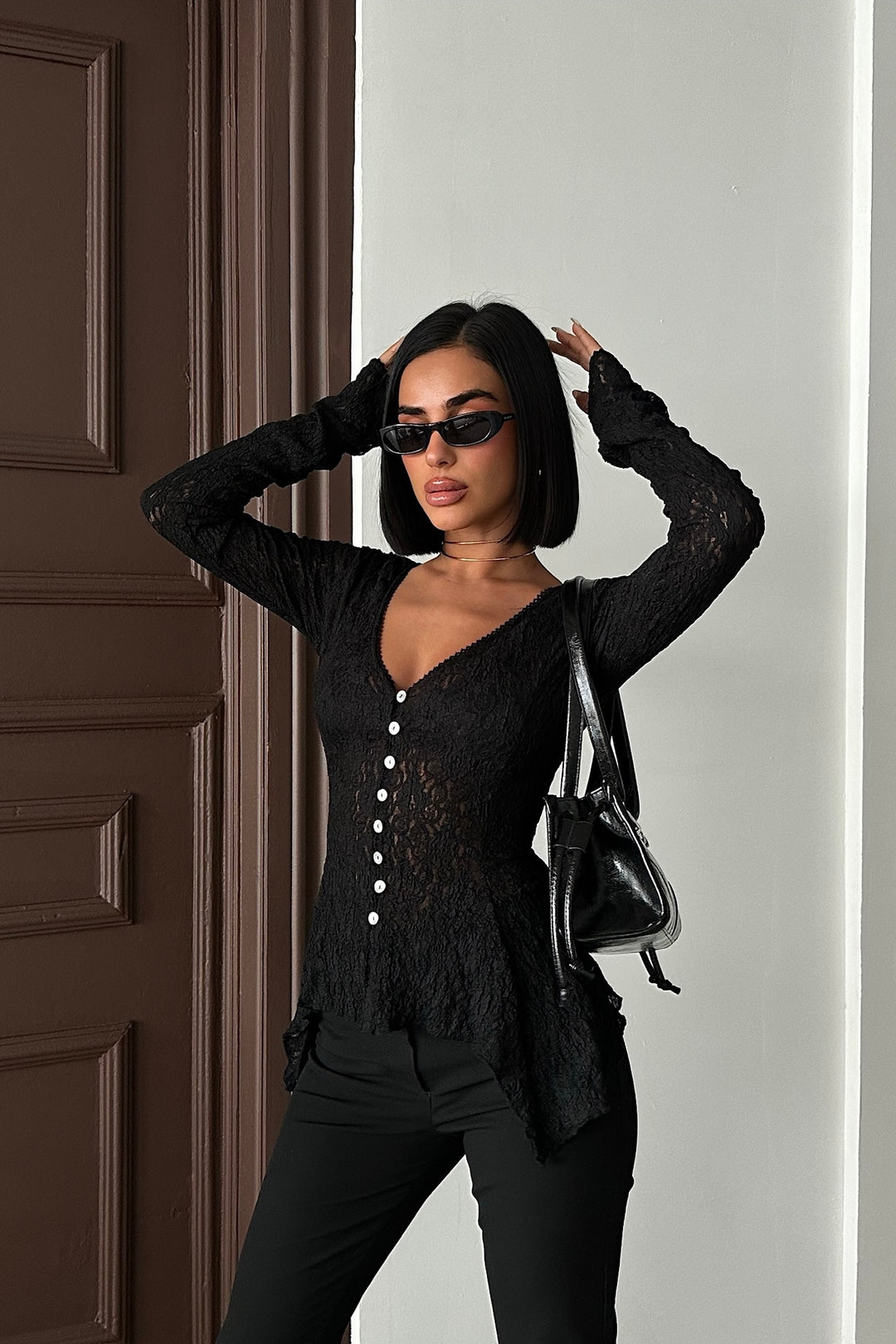 Sheer Lace Button-Up Top