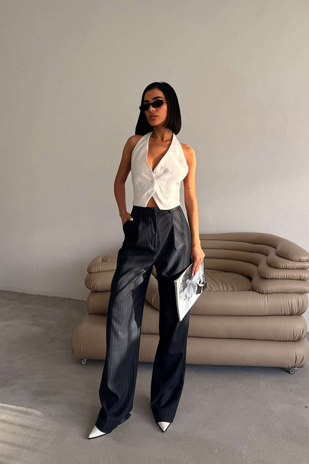 Pinstripe Pleated Trousers