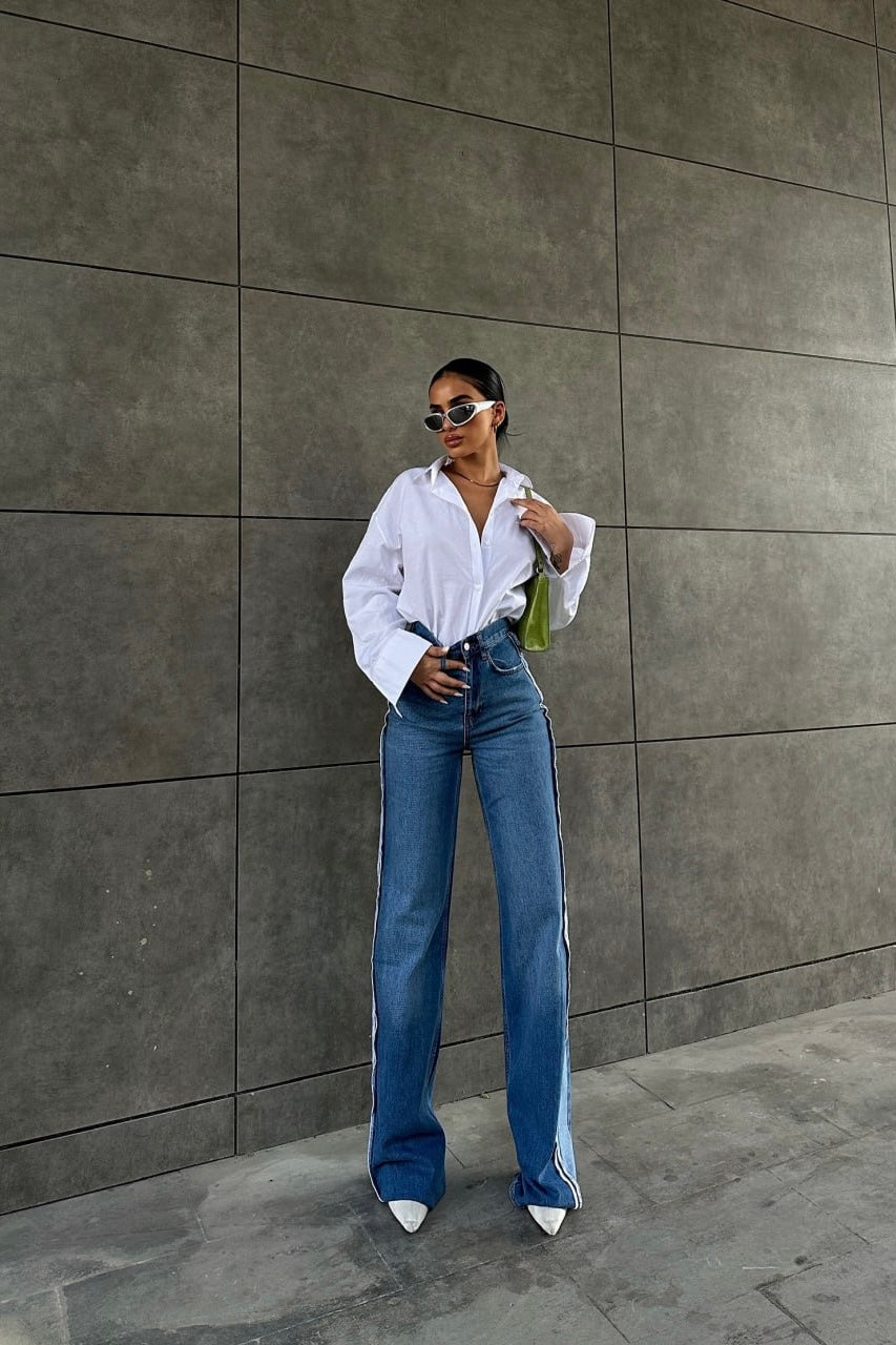 White Stitch Stripe Design Flared Jeans