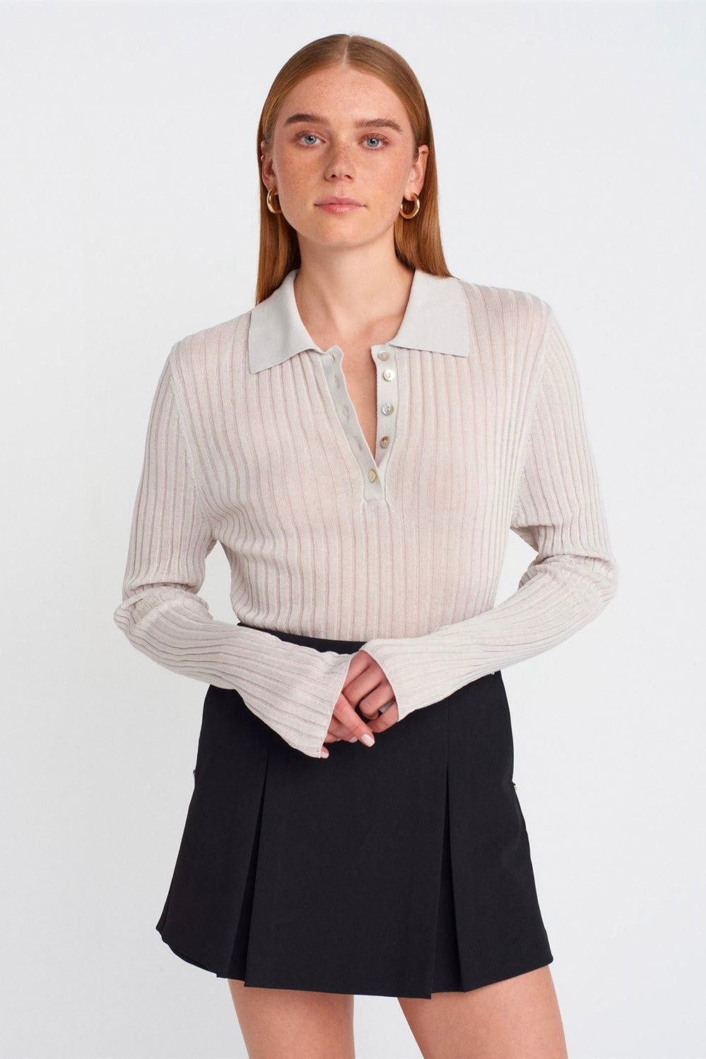 Buttoned Polo Collar Lightweight Knit Sweater