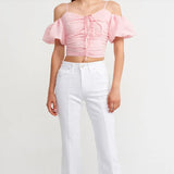 Puff Sleeve Drawstring Crop Top