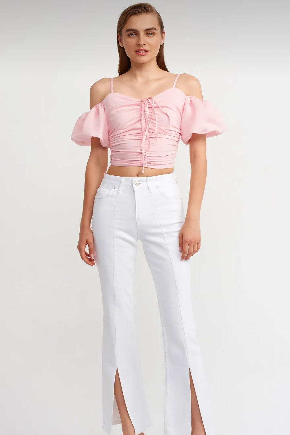Puff Sleeve Drawstring Crop Top