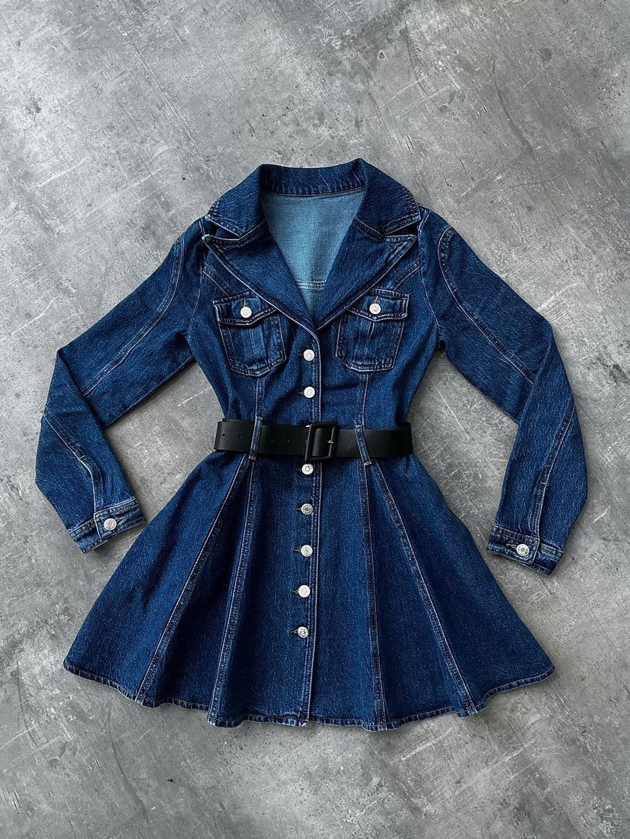 Pleated Long Sleeve Denim Dress