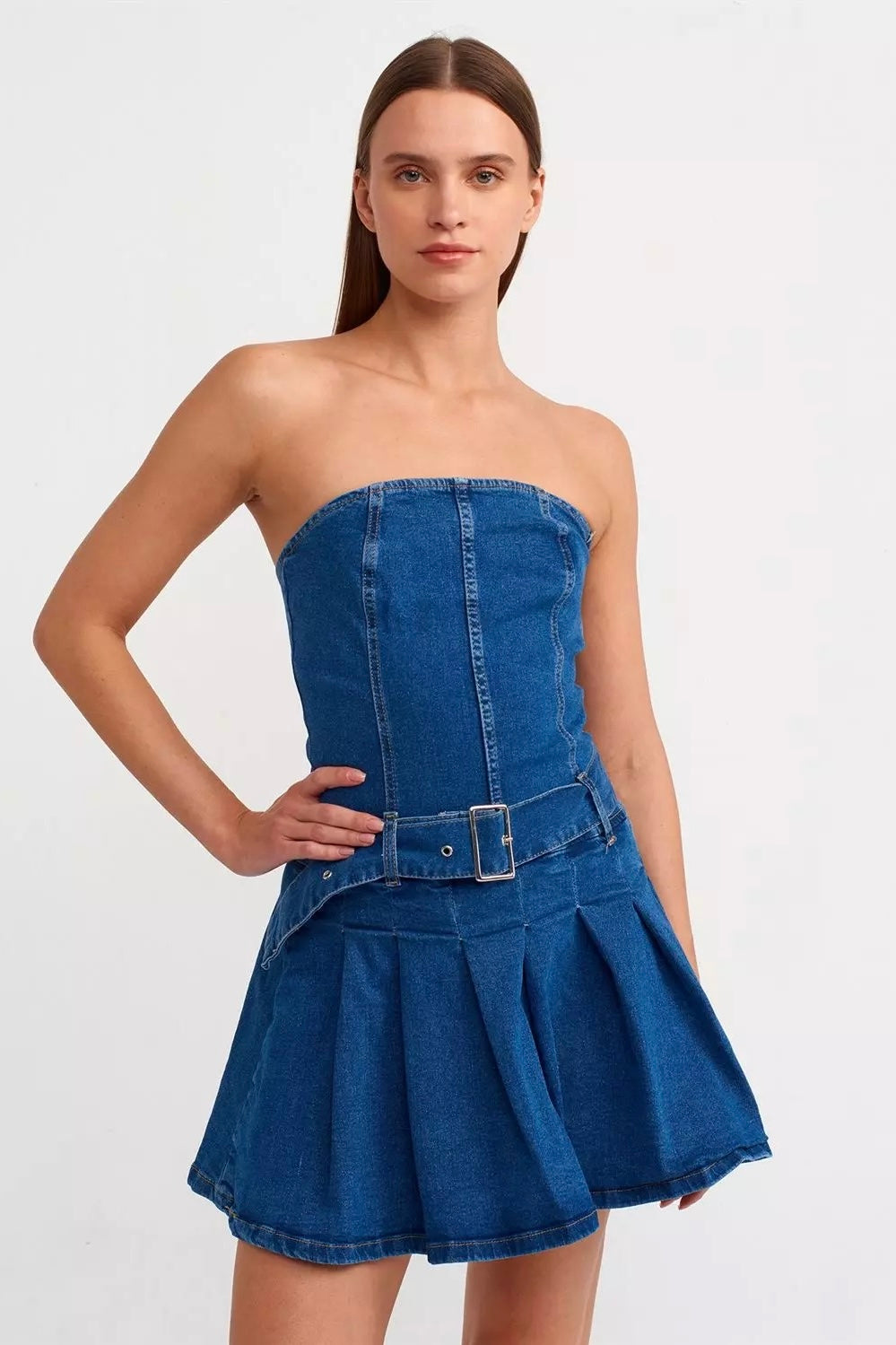 Denim Micro Mini Pleated Dress