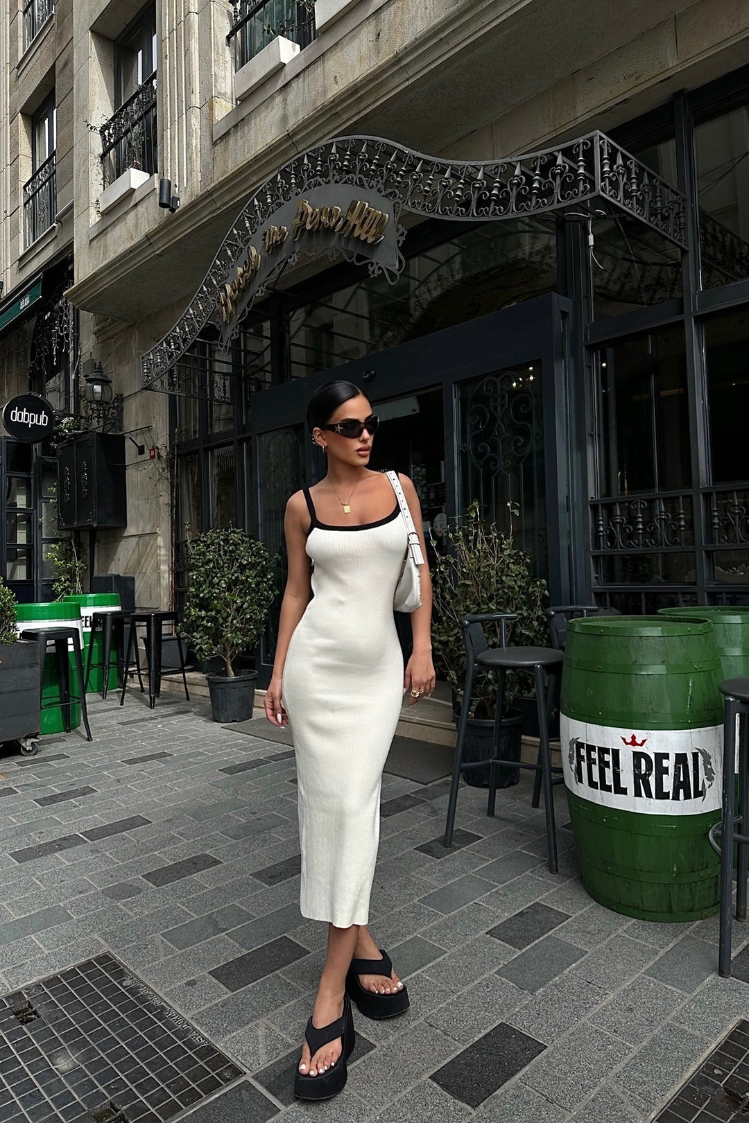 Black Strings Ribbed Cream Dress