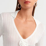 Ribbed Cardigan with Flower Detail