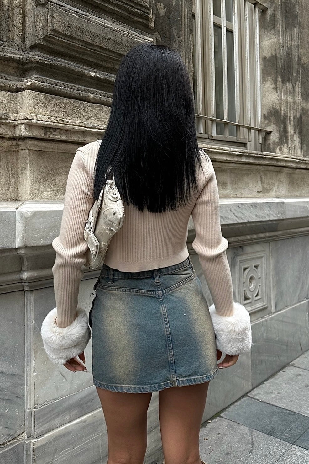 Fur Sleeve Hem Button Up Cardigan