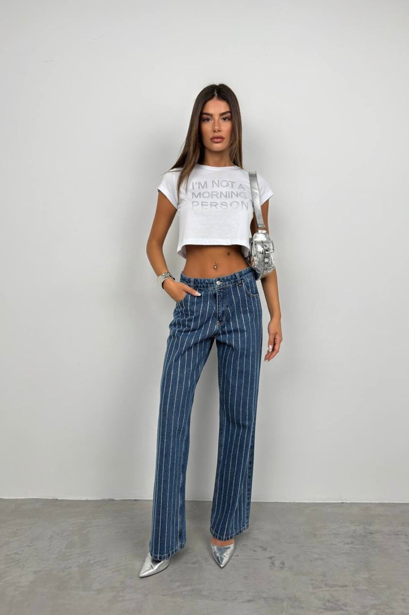 Rhinestone Striped Straight Jeans
