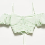 Puff Sleeve Drawstring Crop Top
