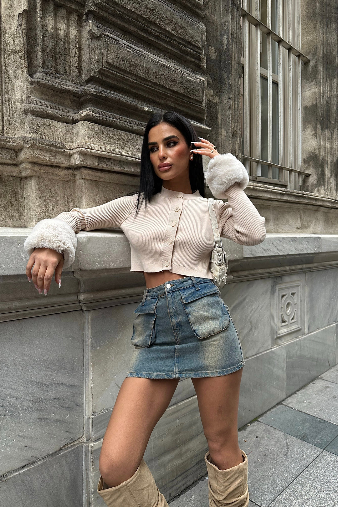 Fur Sleeve Hem Button Up Cardigan