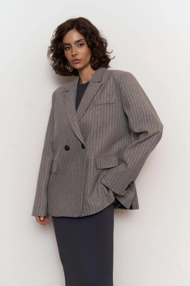 Gray Double-Breasted Pinstripe Blazer
